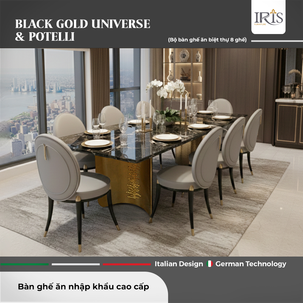 Bộ bàn ăn mặt đá tự nhiên Black Gold Universe & Ghế ăn Potelli