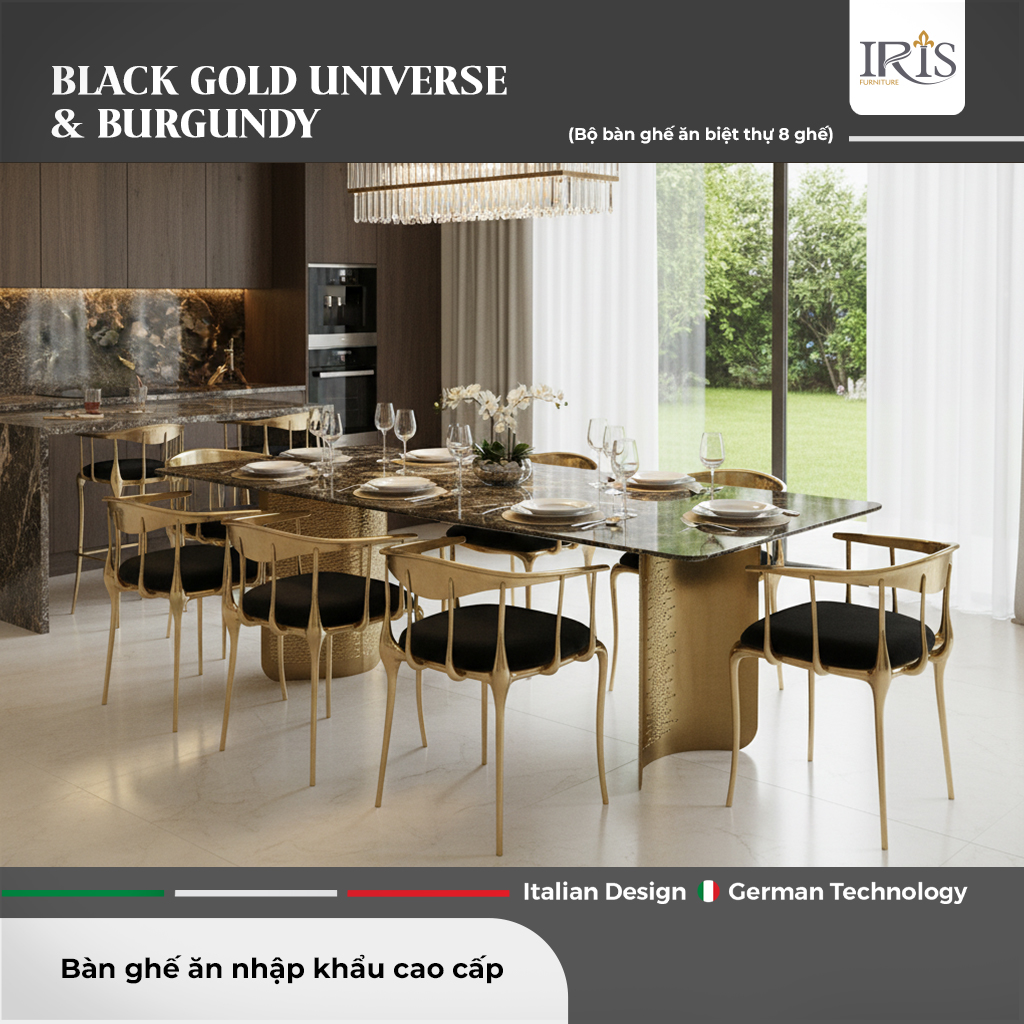 Bộ Bàn Ăn Mặt Đá Black Gold Universe & Ghế Burgundy Cao Cấp
