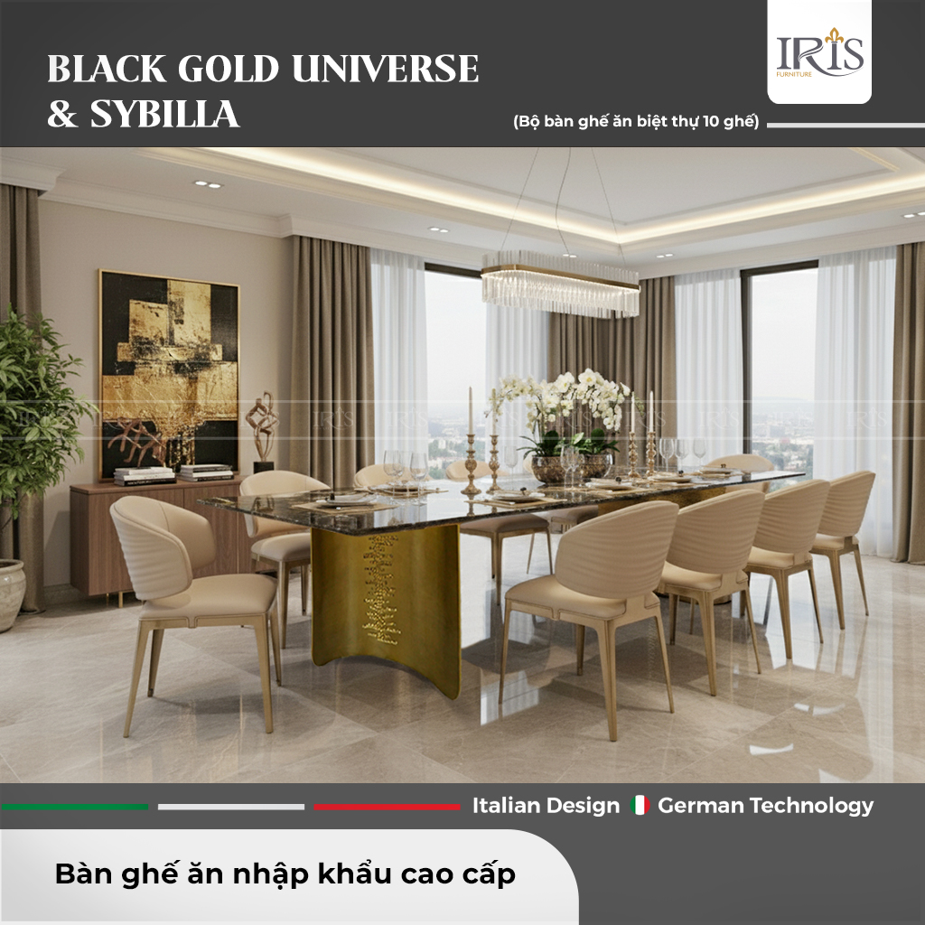 Bộ Bàn Ăn Black Gold Universe & Ghế Sybilla – Sang Trọng Chuẩn Ý