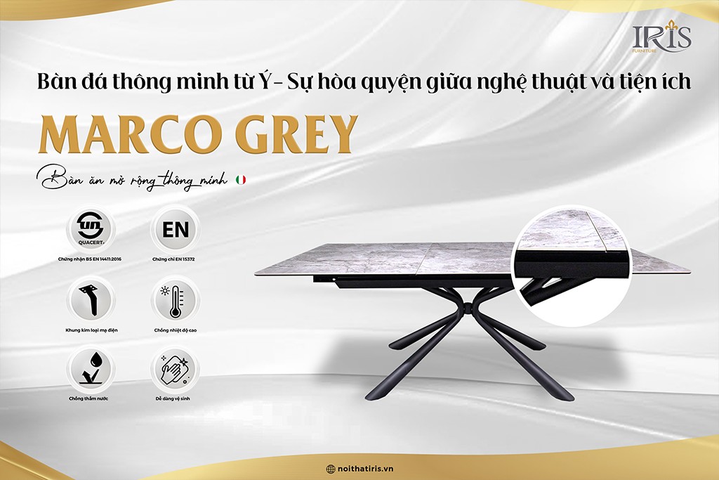 Bàn ăn thông minh Marco Grey – thiết kế mở rộng linh hoạt, hệ ray trượt mượt mà