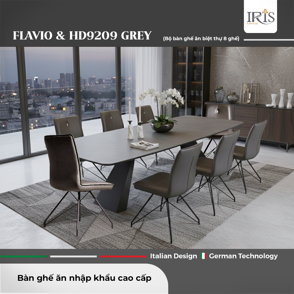 Bàn ăn thông minh Flavio Dark Grey & Ghế ăn HD9209 Chuẩn Ý