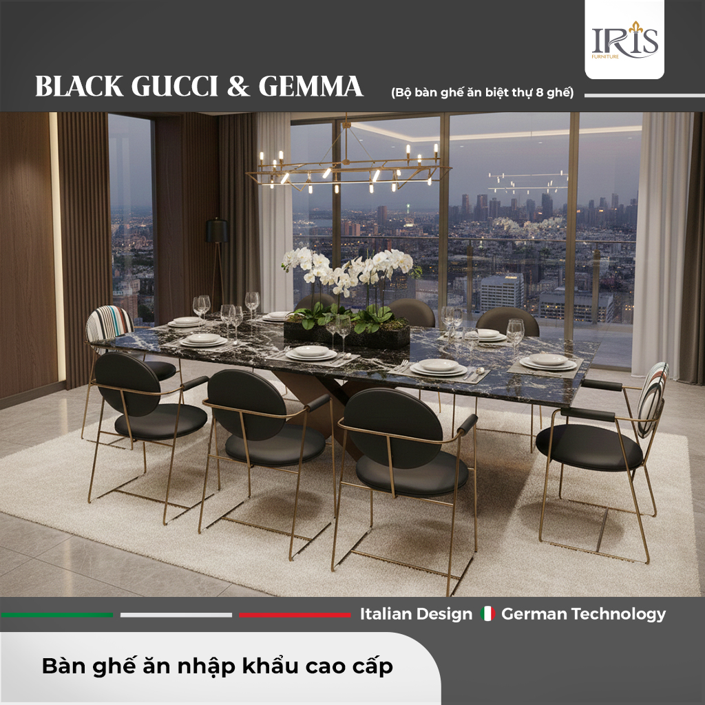 Bộ Bàn Ăn Black Gucci & Ghế Gemma – Đẳng Cấp Sang Trọng Chuẩn Ý