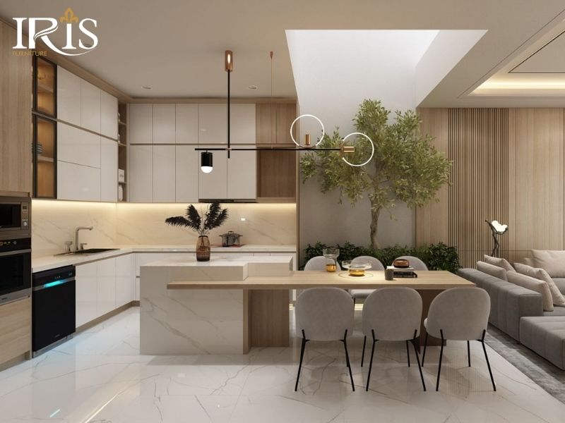 Thiết Kế Nội Thất Phòng Bếp — Bố Cục, Bàn Ăn Và Phối Hợp 12 Bàn ăn kết nối bếp mở cần đồng bộ vật liệu và bố trí hợp lý không gian